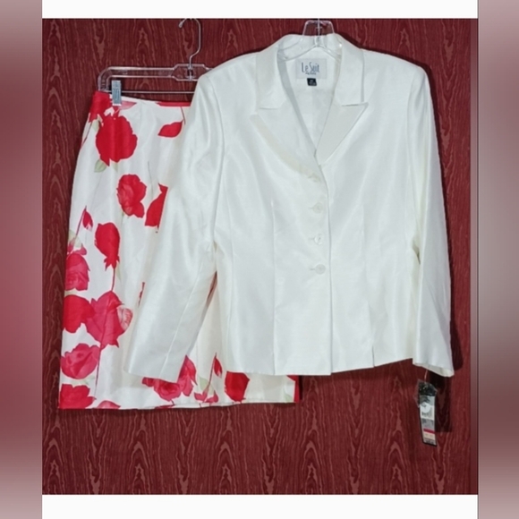 LE SUIT 2 Piece Floral White/Red/Pink Long Sleeve Skirt Suit Women's Sz 10P